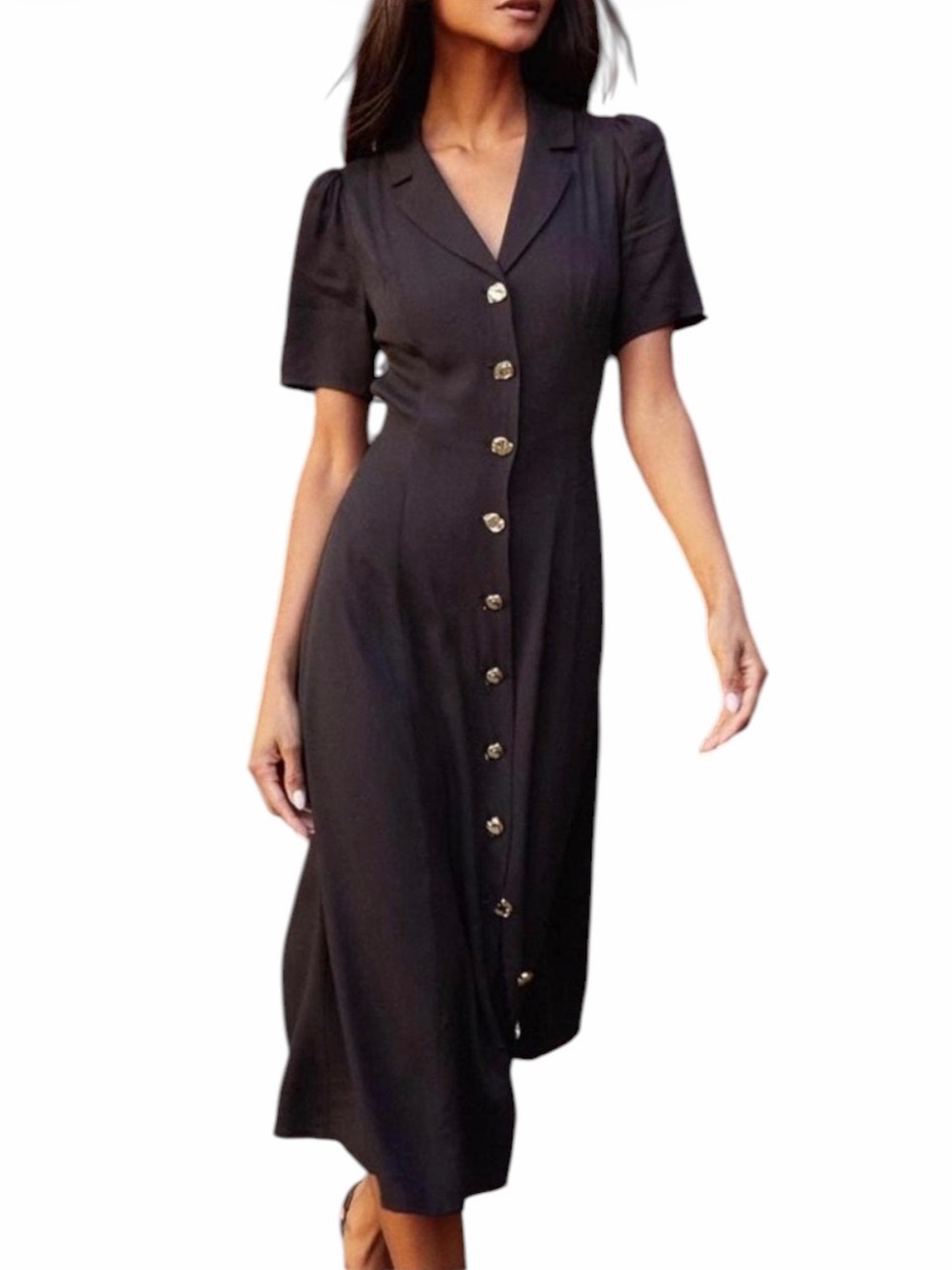 Few Moda Cady Midi Dress Black with Gold-tone Button Front Size 10